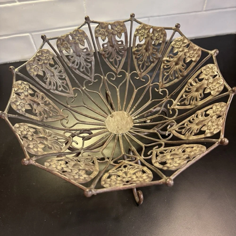 Vintage Iron Scroll Design Brown Metal Fruit Bowl Footed Pedestal Basket